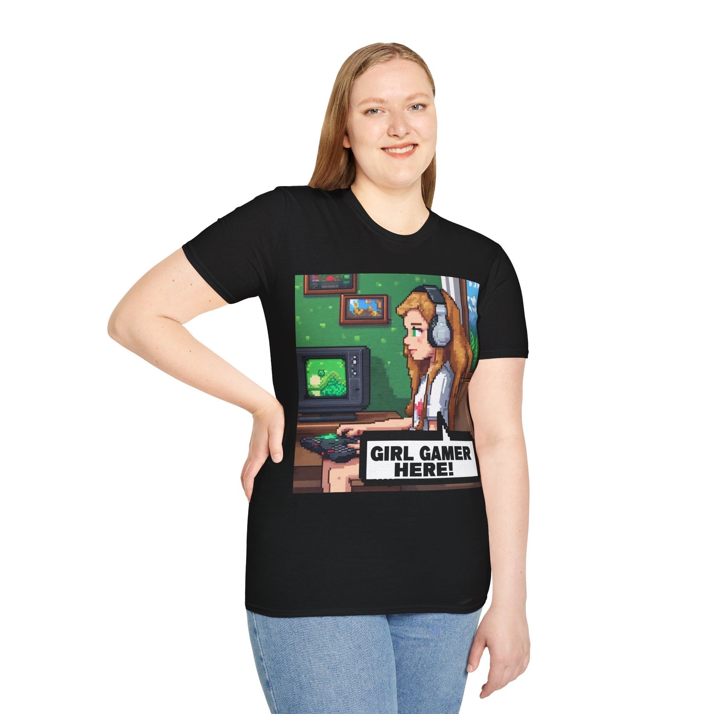 Pixel Art Girl Gamer Here T-Shirt | Vintage Video Game Shirt, Unisex Graphic Tee, Retro Gaming Apparel, Perfect for Gamers & Gift Ideas