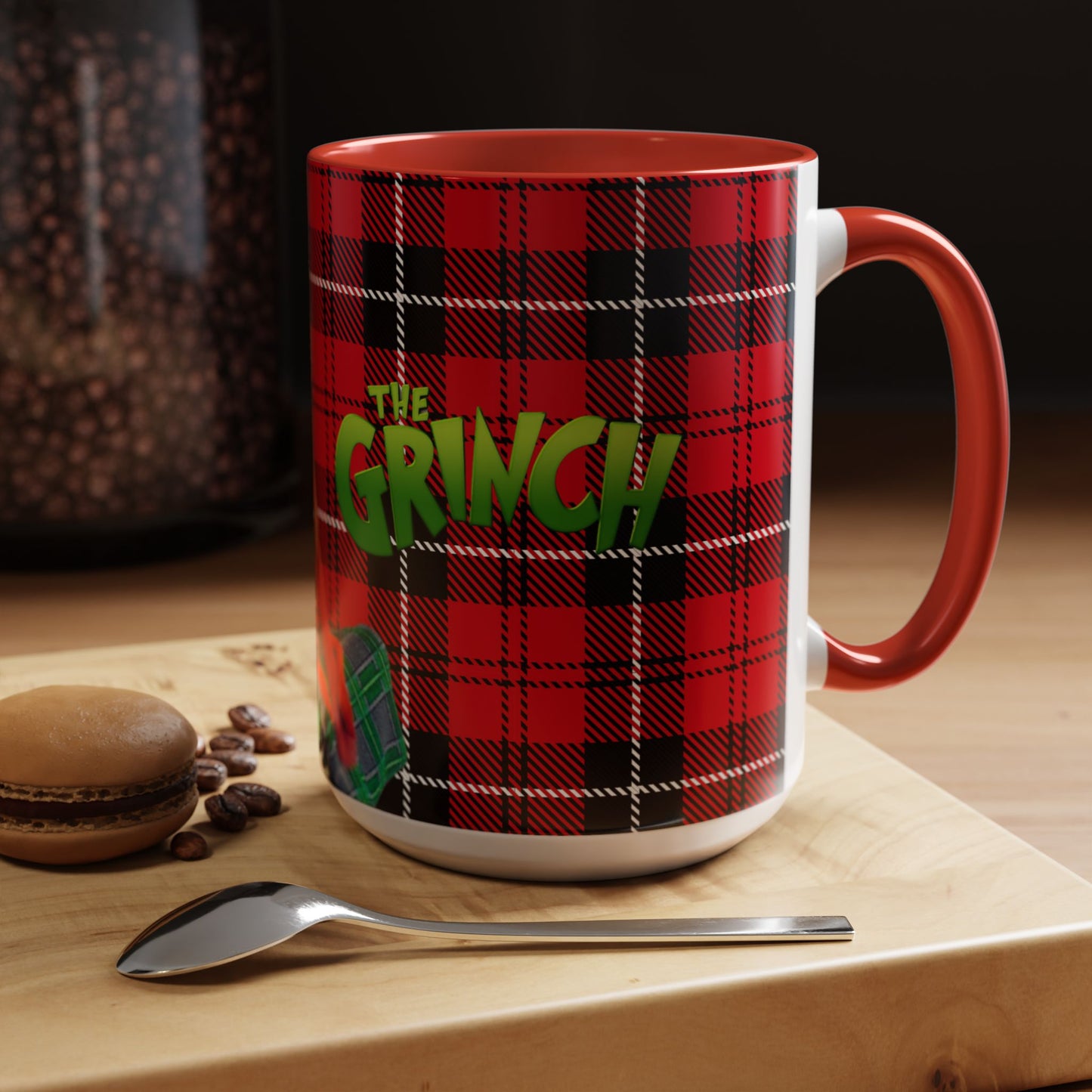 The Grinch Accent Coffee Mug - Festive Plaid Mug for Holiday Cheer, Christmas Gift, Hot Cocoa Cup, Grinch Lovers, Cozy Home Decor