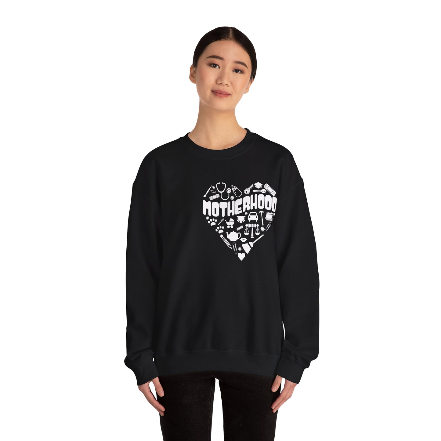 Motherhood Crewneck Sweatshirt, Unisex Sweatshirt, Gift for Moms, Cozy Crew Necks, Heart Design, Mother's Day Gift