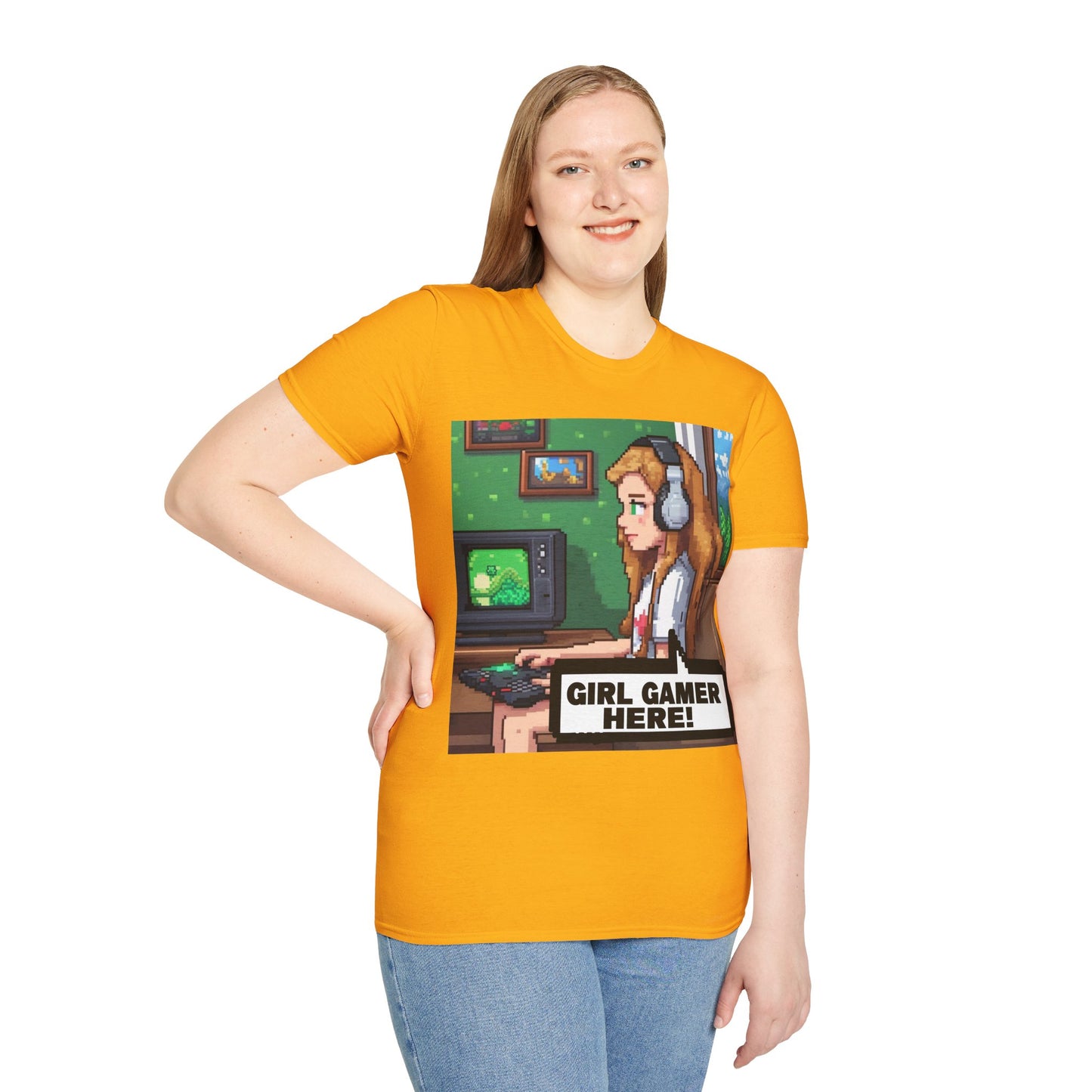 Pixel Art Girl Gamer Here T-Shirt | Vintage Video Game Shirt, Unisex Graphic Tee, Retro Gaming Apparel, Perfect for Gamers & Gift Ideas