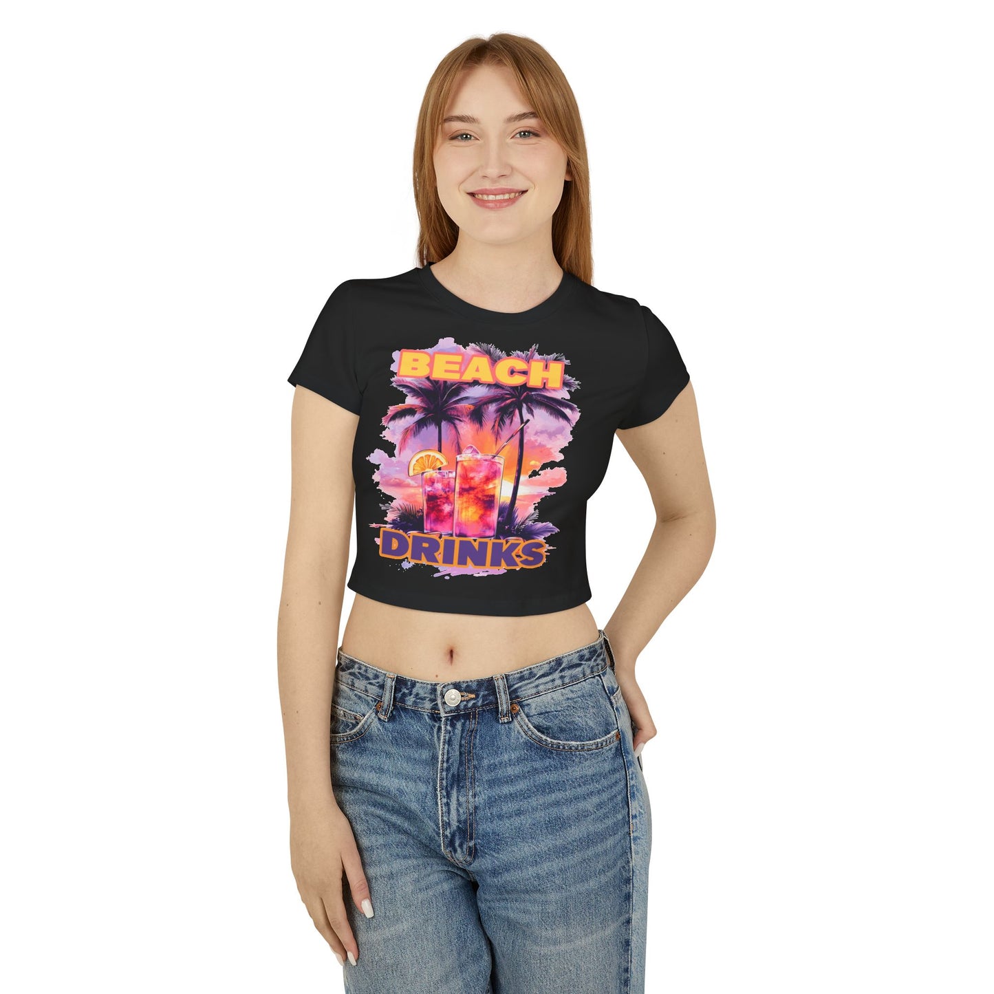 Beach and Drinks Tropical Summer Vibes Women's Baby Tee, Cute Graphic Tee for Beach Days, Casual Wear, Vacation Apparel, Festival Ready