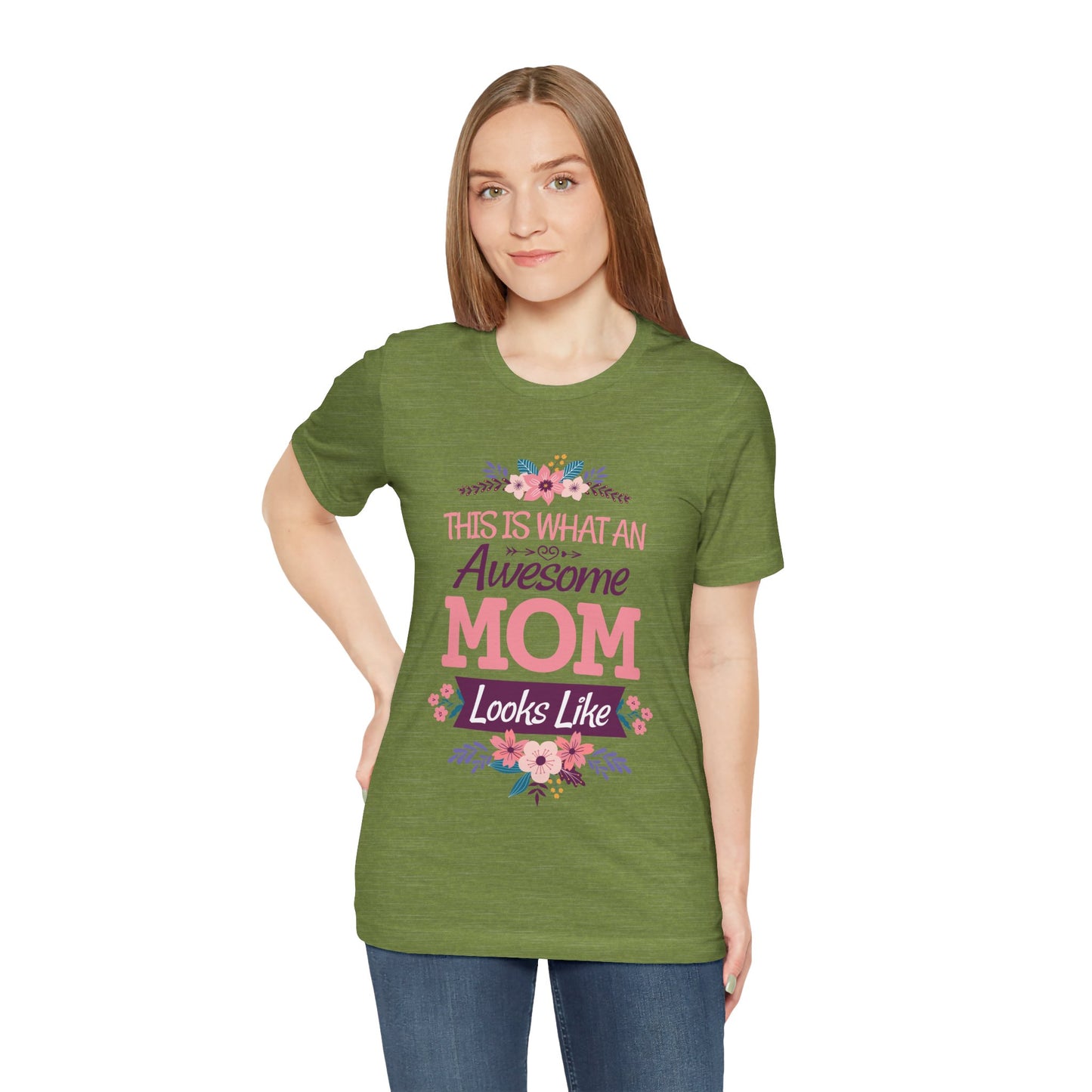 Awesome Mom Short Sleeve Tee, Gift for Moms, Mother's Day Shirt, Family Theme Tee, Floral Design Top, Casual Style Tee