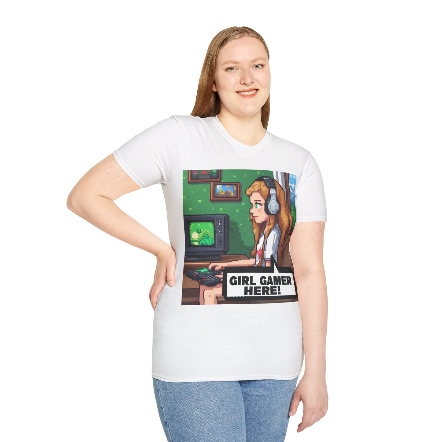 Pixel Art Girl Gamer Here T-Shirt | Vintage Video Game Shirt, Unisex Graphic Tee, Retro Gaming Apparel, Perfect for Gamers & Gift Ideas