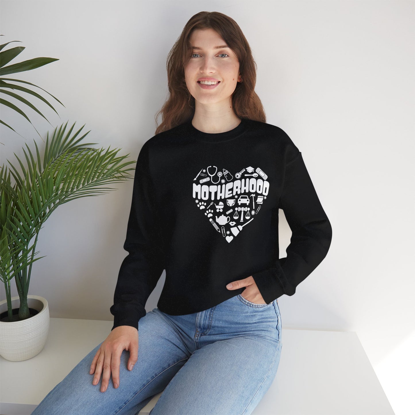 Motherhood Crewneck Sweatshirt, Unisex Sweatshirt, Gift for Moms, Cozy Crew Necks, Heart Design, Mother's Day Gift
