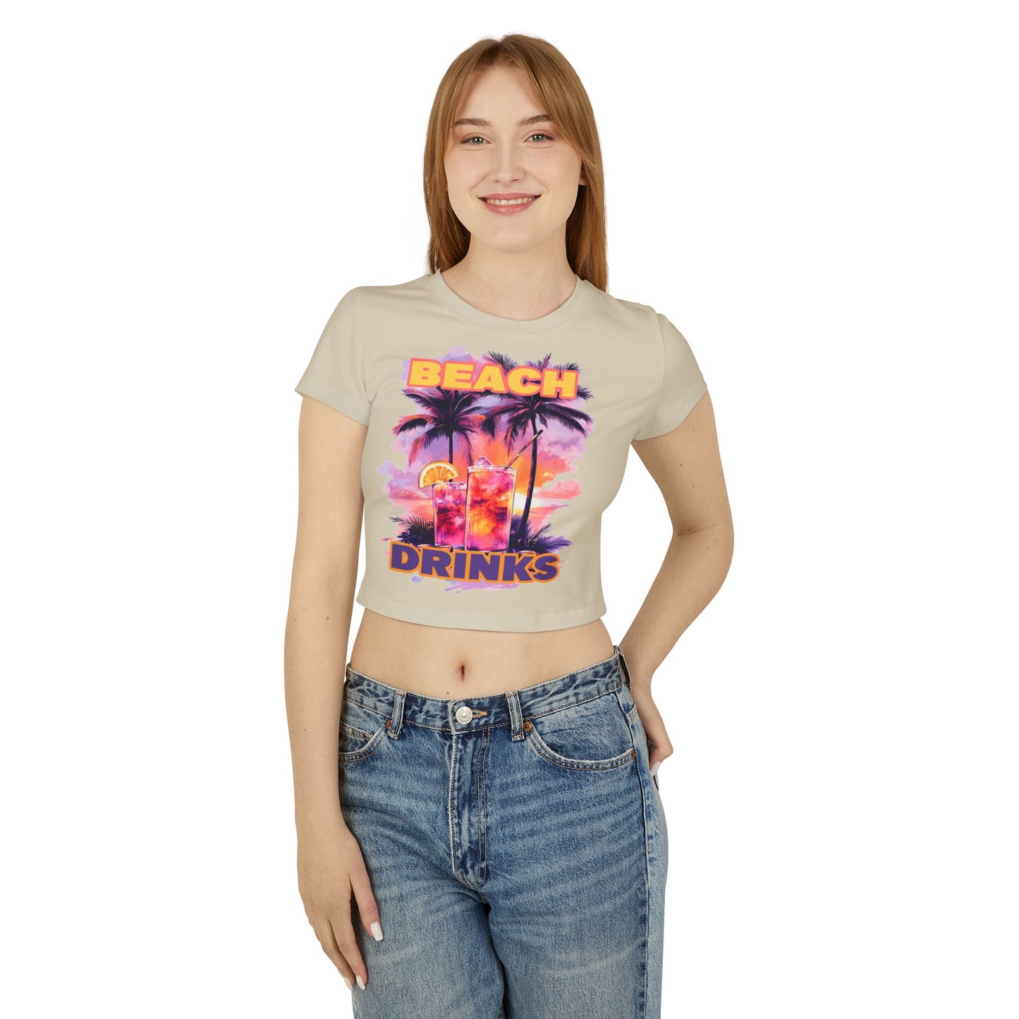 Beach and Drinks Tropical Summer Vibes Women's Baby Tee, Cute Graphic Tee for Beach Days, Casual Wear, Vacation Apparel, Festival Ready