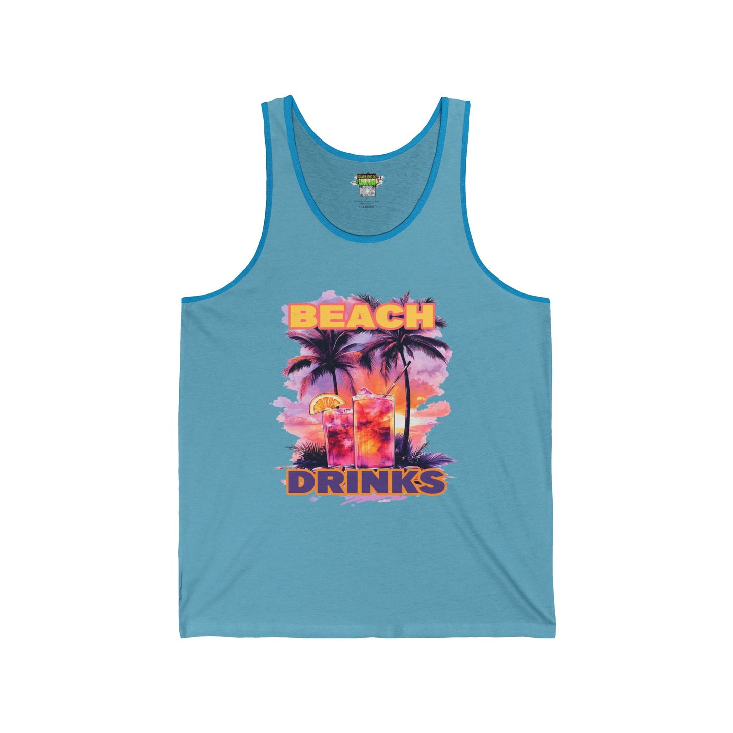 Beach Drinks Tropical Sunset Tank Top, Beach Vibes Shirt, Vacation Apparel, Summer Fashion, Unisex Jersey Tee