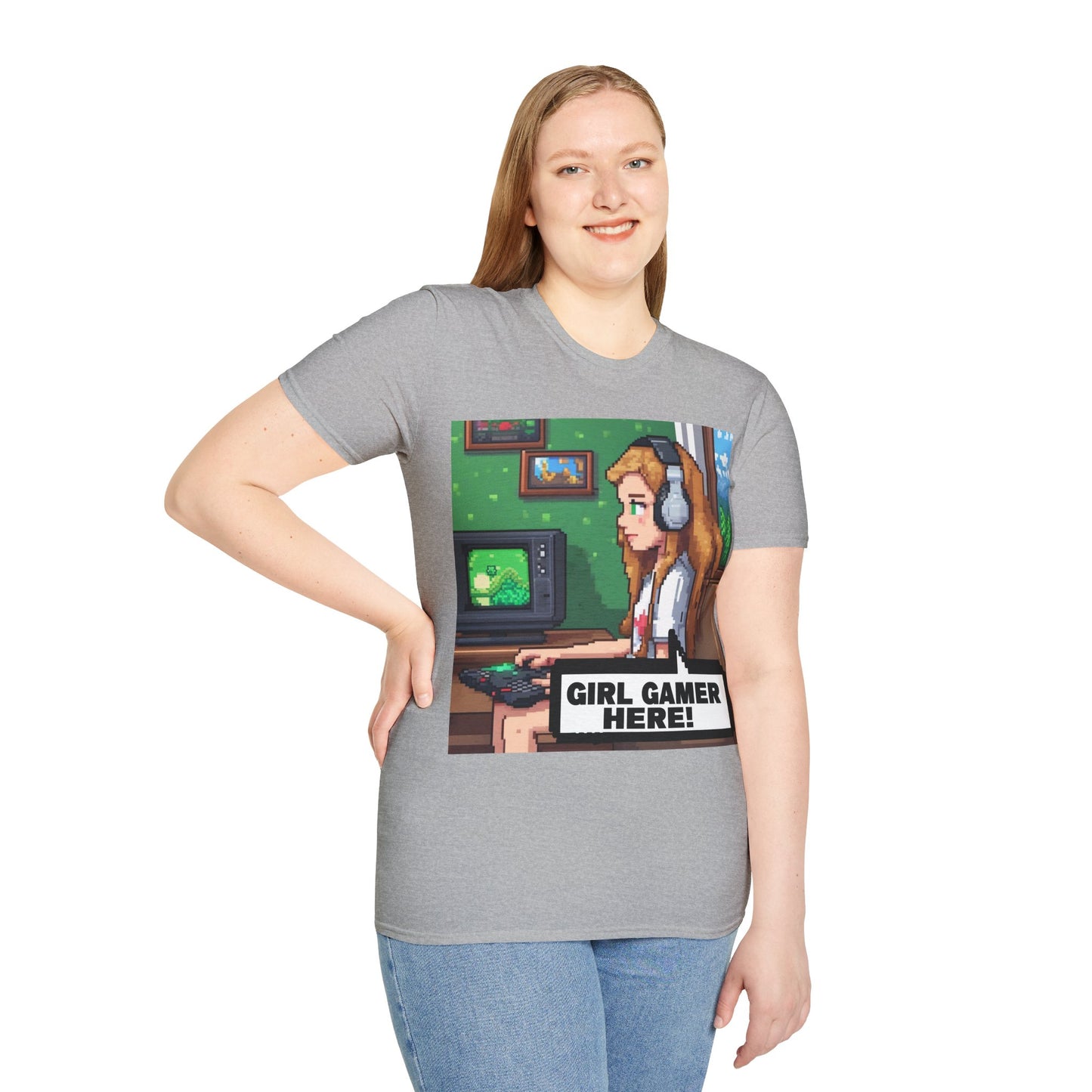 Pixel Art Girl Gamer Here T-Shirt | Vintage Video Game Shirt, Unisex Graphic Tee, Retro Gaming Apparel, Perfect for Gamers & Gift Ideas