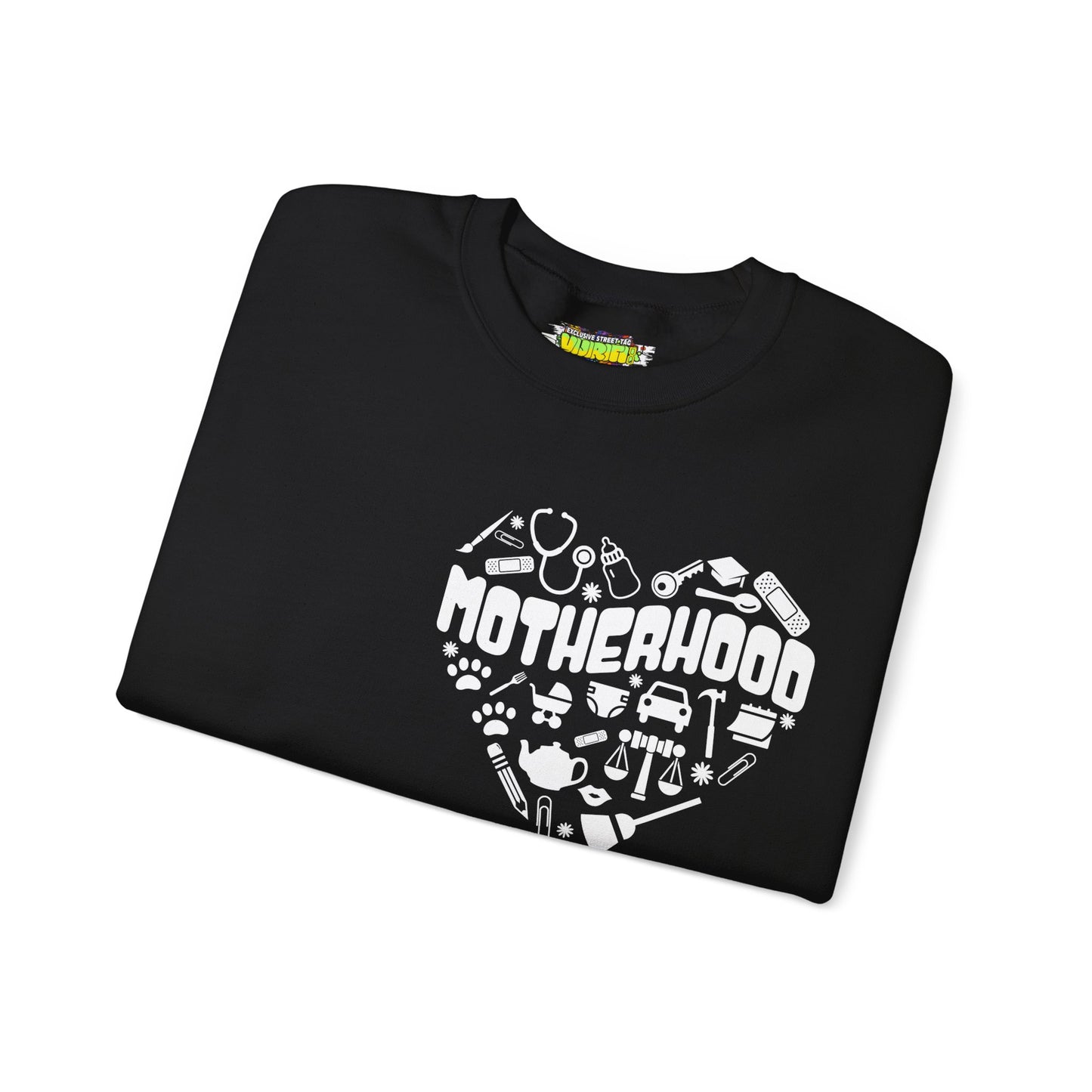 Motherhood Crewneck Sweatshirt, Unisex Sweatshirt, Gift for Moms, Cozy Crew Necks, Heart Design, Mother's Day Gift
