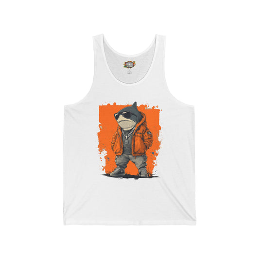 Cool Street Shark  Unisex Jersey Tank, Trendy Summer Shirt, Graphic Tee, Casual Wear, Streetwear, Music Festival Outfit