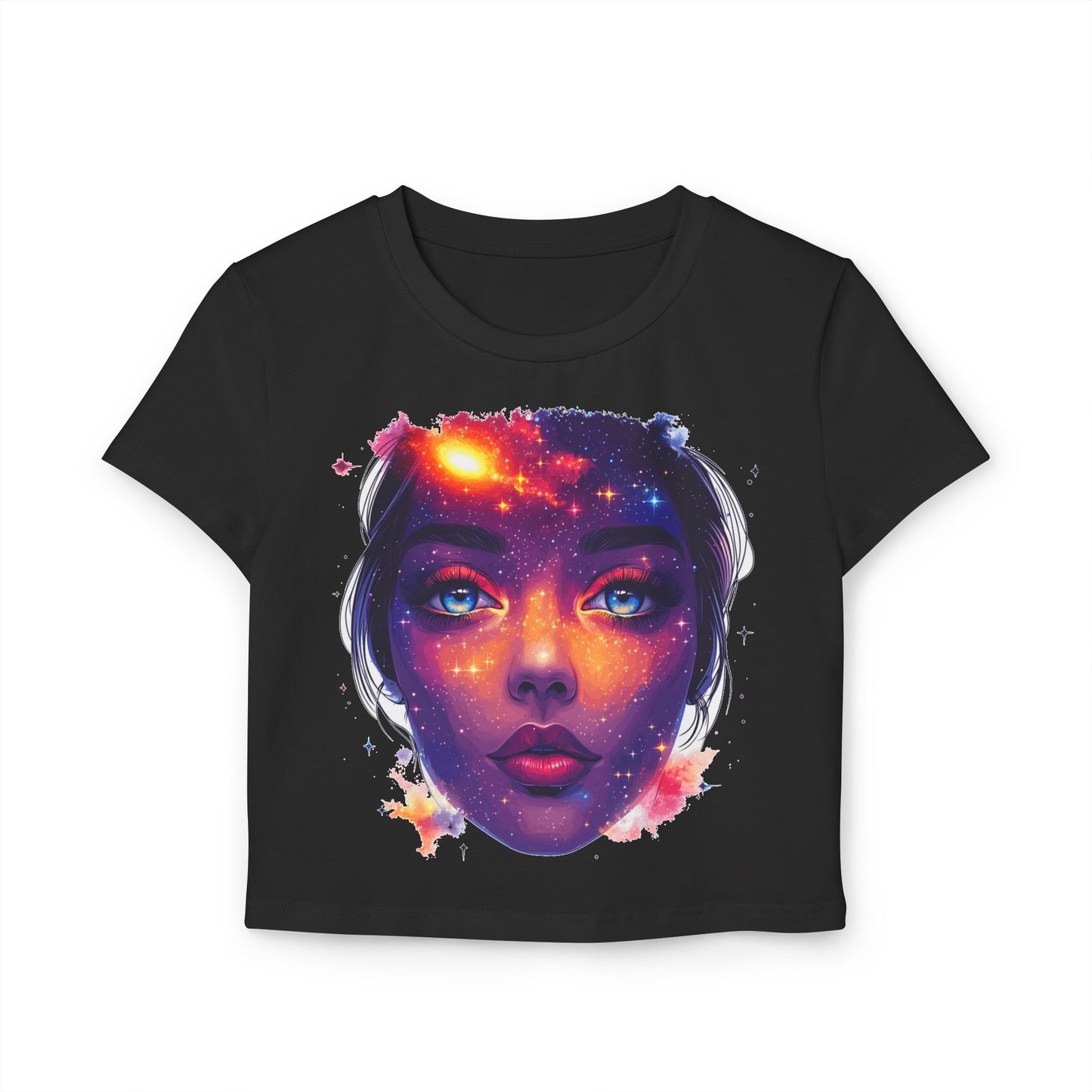 Galactic Baby Girl Vision Women's Baby Tee, Artistic Crop Top, Space Lover's Tee, Unique Graphic Tee, Trendy Women's T-Shirt