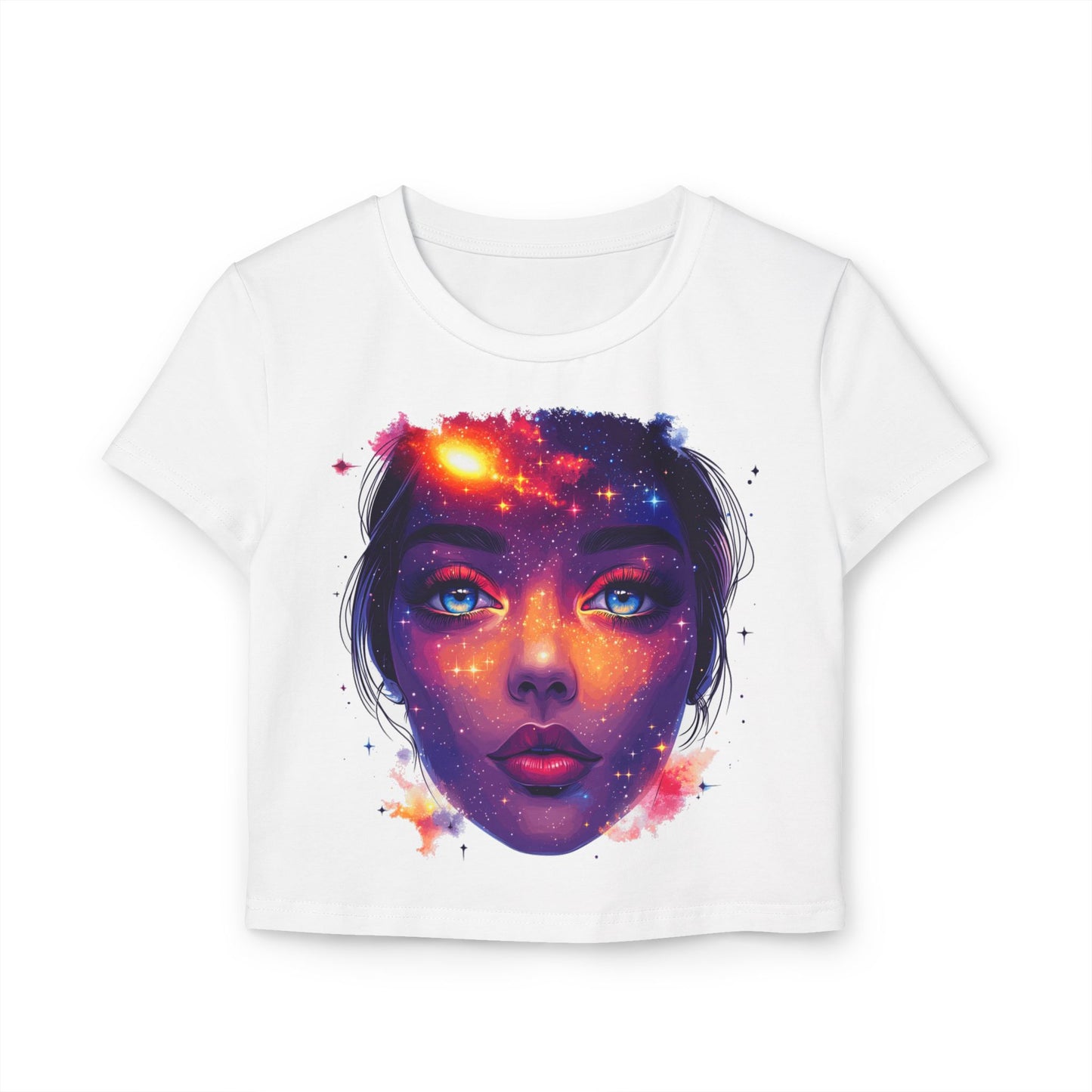 Galactic Baby Girl Vision Women's Baby Tee, Artistic Crop Top, Space Lover's Tee, Unique Graphic Tee, Trendy Women's T-Shirt
