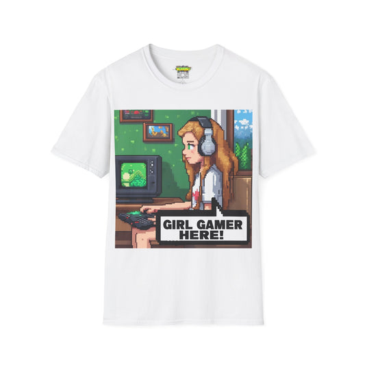 Pixel Art Girl Gamer Here T-Shirt | Vintage Video Game Shirt, Unisex Graphic Tee, Retro Gaming Apparel, Perfect for Gamers & Gift Ideas