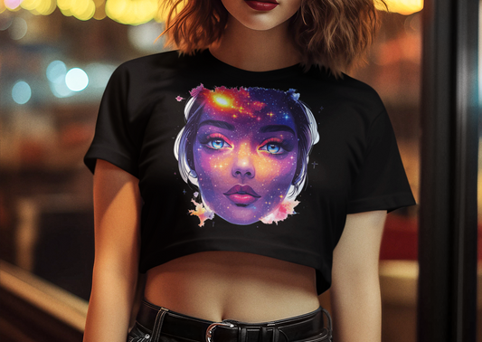 Galactic Baby Girl Vision Women's Baby Tee, Artistic Crop Top, Space Lover's Tee, Unique Graphic Tee, Trendy Women's T-Shirt