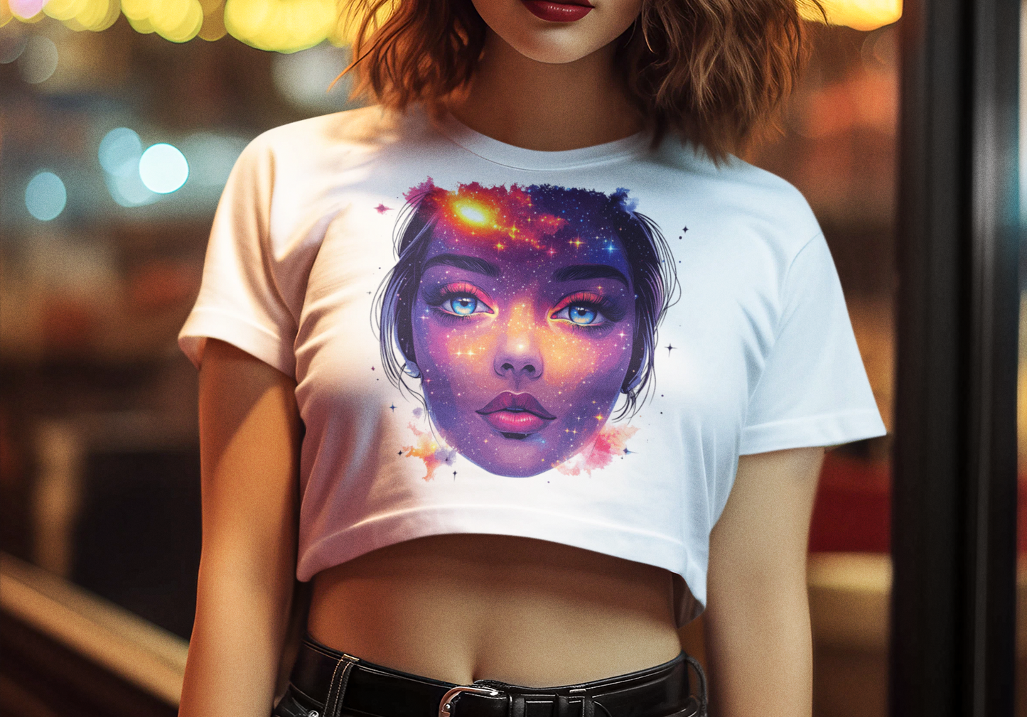 Galactic Baby Girl Vision Women's Baby Tee, Artistic Crop Top, Space Lover's Tee, Unique Graphic Tee, Trendy Women's T-Shirt