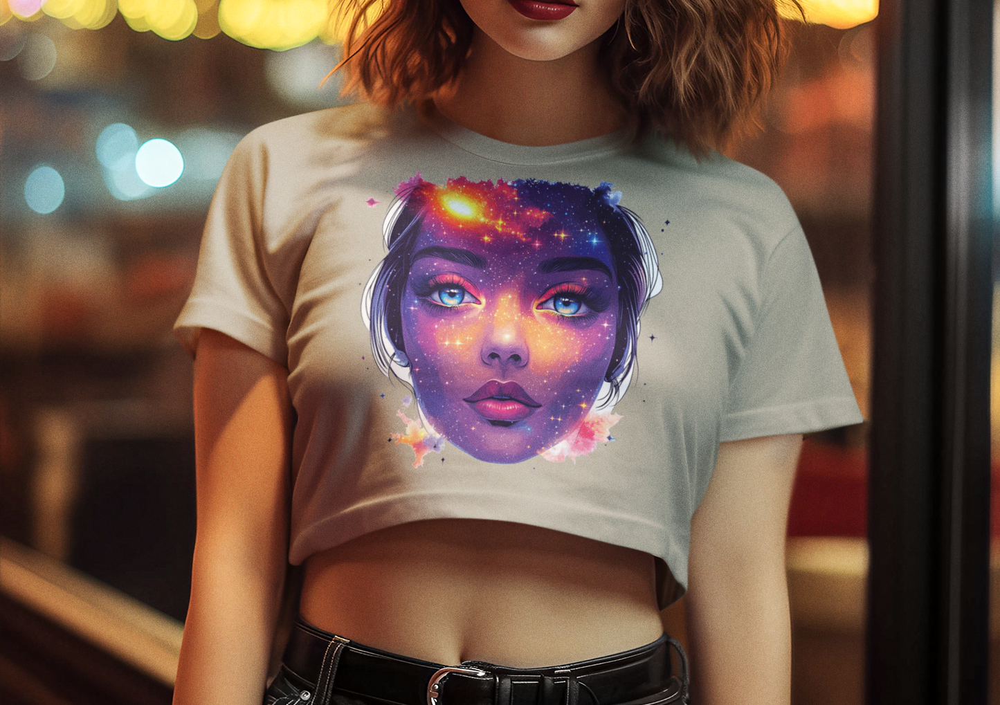 Galactic Baby Girl Vision Women's Baby Tee, Artistic Crop Top, Space Lover's Tee, Unique Graphic Tee, Trendy Women's T-Shirt