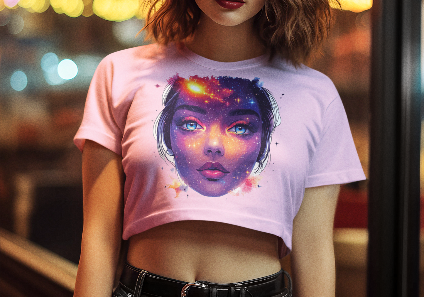 Galactic Baby Girl Vision Women's Baby Tee, Artistic Crop Top, Space Lover's Tee, Unique Graphic Tee, Trendy Women's T-Shirt
