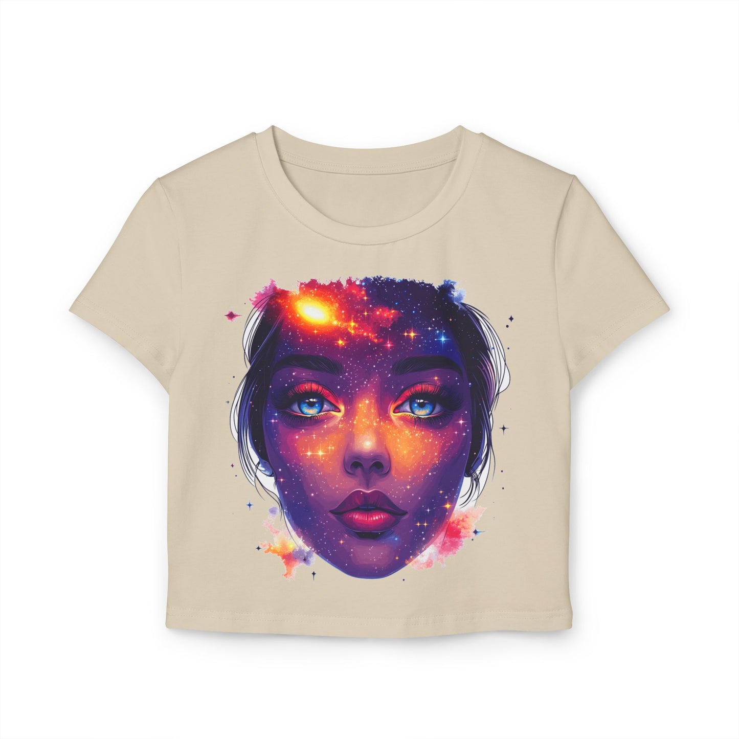 Galactic Baby Girl Vision Women's Baby Tee, Artistic Crop Top, Space Lover's Tee, Unique Graphic Tee, Trendy Women's T-Shirt