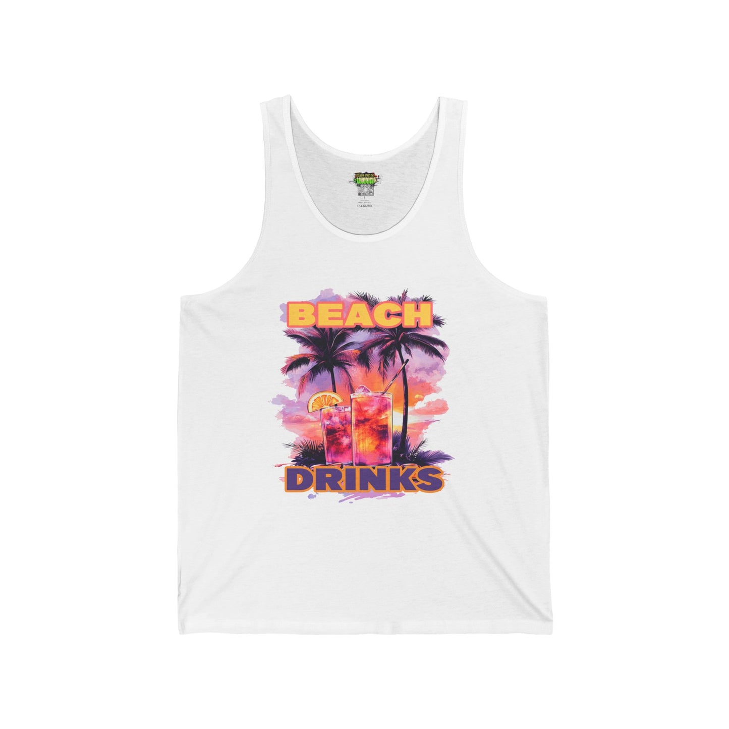 Beach Drinks Tropical Sunset Tank Top, Beach Vibes Shirt, Vacation Apparel, Summer Fashion, Unisex Jersey Tee