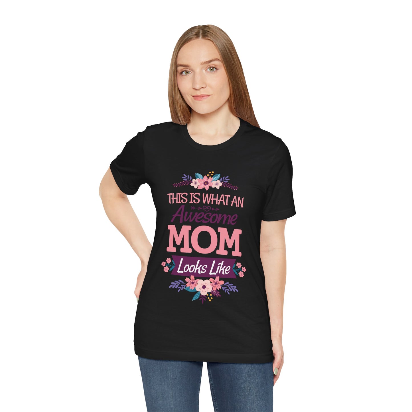 Awesome Mom  Short Sleeve Tee, Gift for Moms, Mother's Day Shirt, Family Theme Tee, Floral Design Top, Casual Style Tee