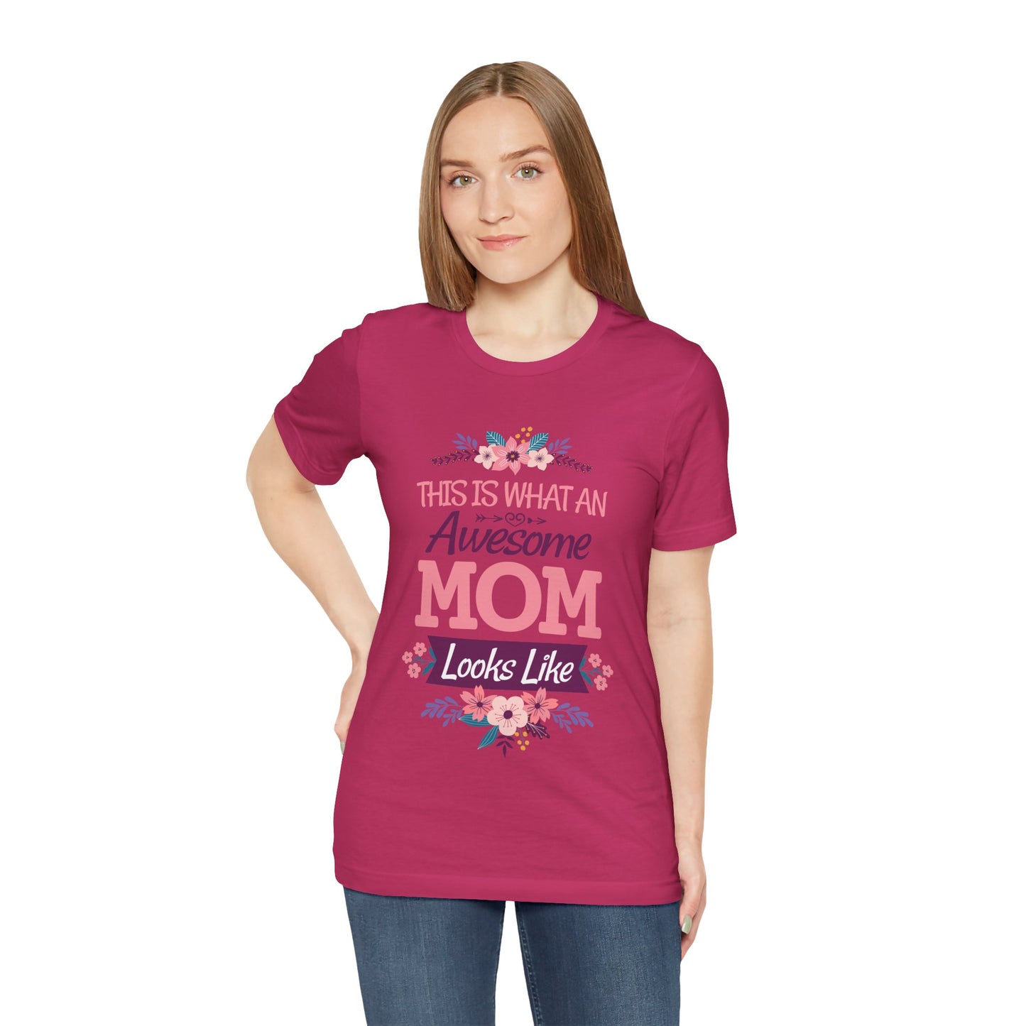 Awesome Mom  Short Sleeve Tee, Gift for Moms, Mother's Day Shirt, Family Theme Tee, Floral Design Top, Casual Style Tee