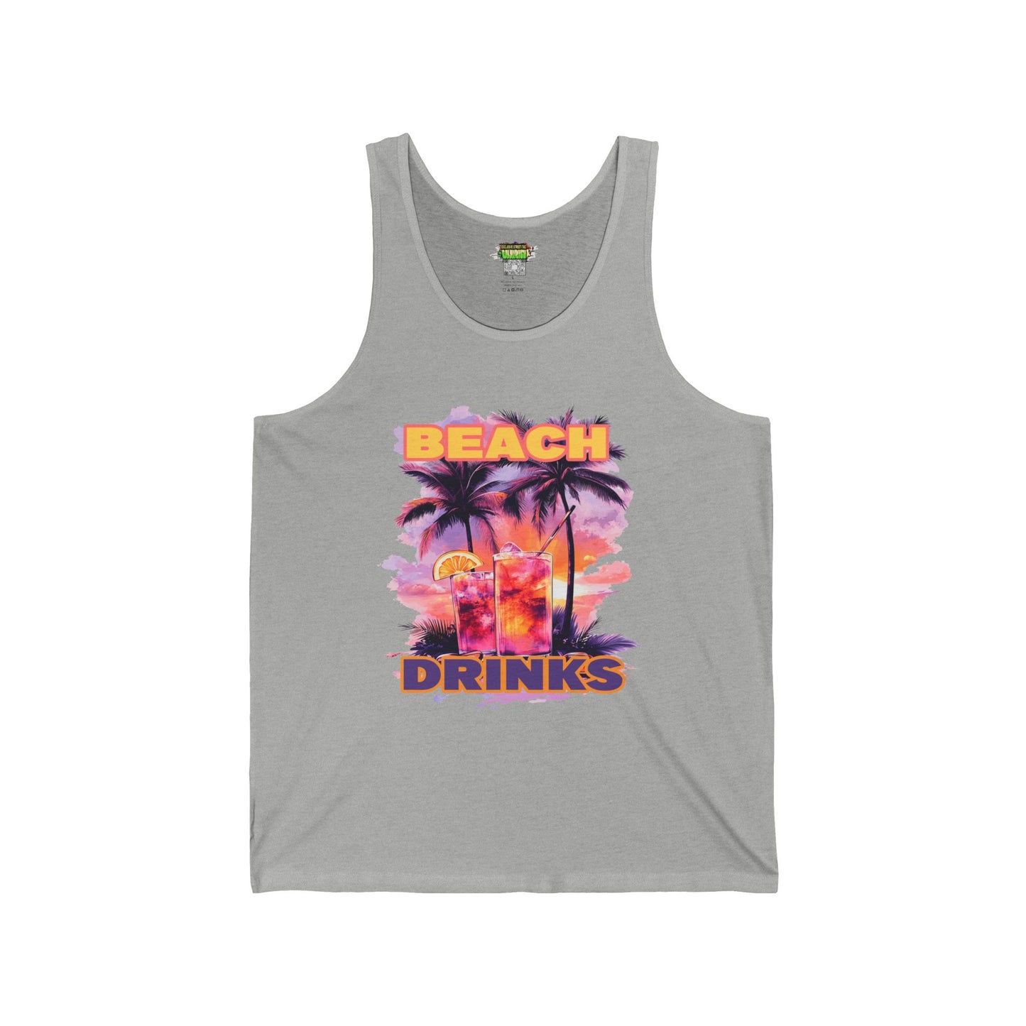 Beach Drinks Tropical Sunset Tank Top, Beach Vibes Shirt, Vacation Apparel, Summer Fashion, Unisex Jersey Tee