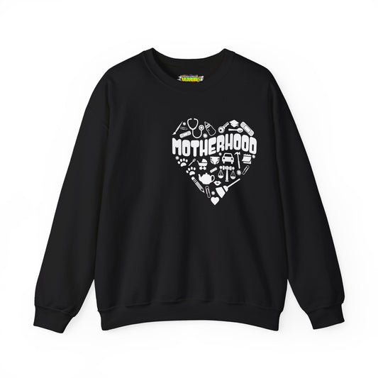 Motherhood Crewneck Sweatshirt, Unisex Sweatshirt, Gift for Moms, Cozy Crew Necks, Heart Design, Mother's Day Gift