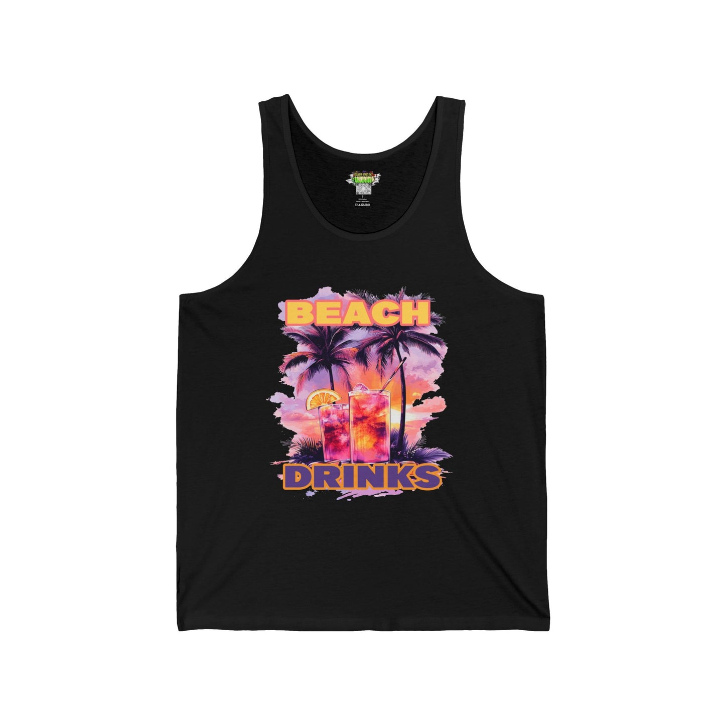 Beach Drinks Tropical Sunset Tank Top, Beach Vibes Shirt, Vacation Apparel, Summer Fashion, Unisex Jersey Tee